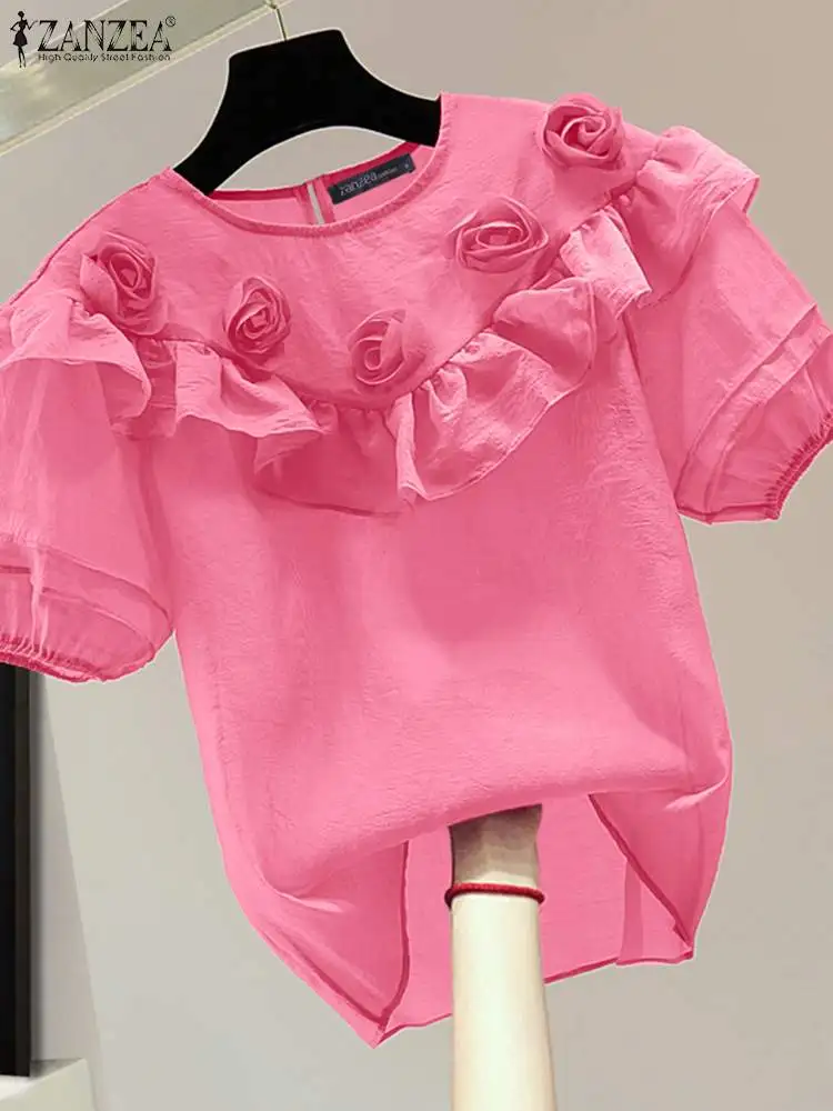 ZANZEA donna manica corta a sbuffo tuniche causale sciolto 3D rosa cuciture top moda solido camicetta arruffata 2024 estate o-collo camicia