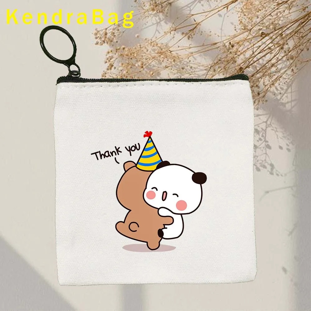 Aesthetic Cute Bear Kawaii Animal Cartoon Lovely Print Canvas Coin Purse Small Square Bag Key Case Card Bags Wallet Zipper Gifts