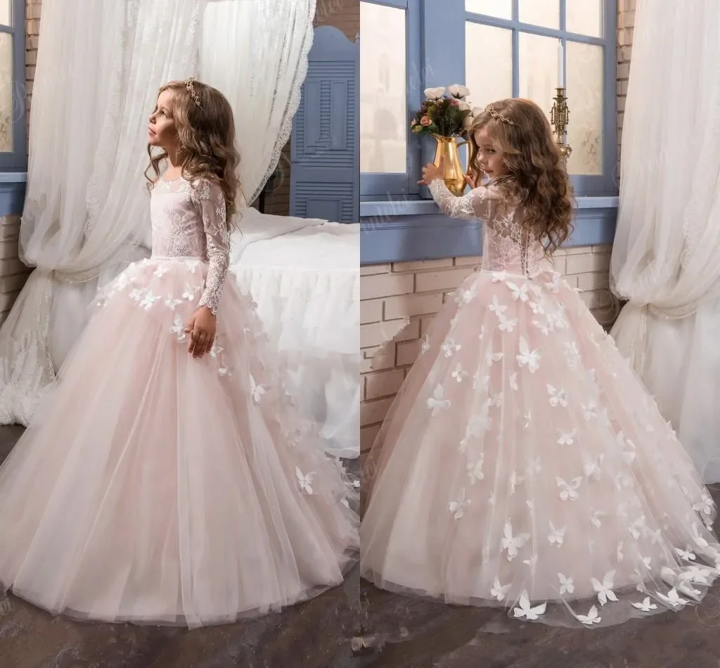 First Communion Dresses Applique Flower Girl Dresses Three Quarter Sleeve O-neck A-line Girls Pageant Gowns For Wedding Che