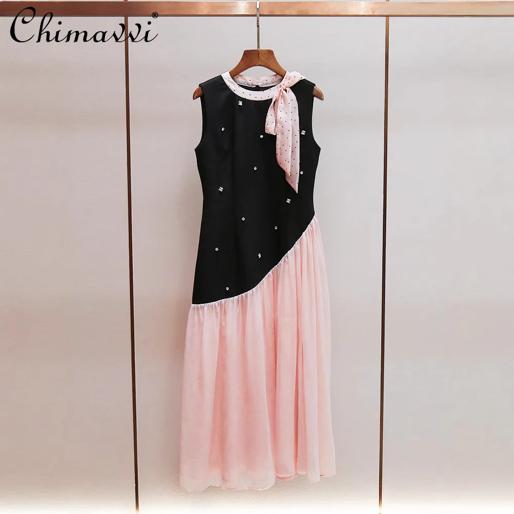 

French Elegant Socialite Fairy Style Casual Dresses Crew Neck Dot Lace-up Bow Sleeveless Diamond Mesh Splicing Long Dress Women