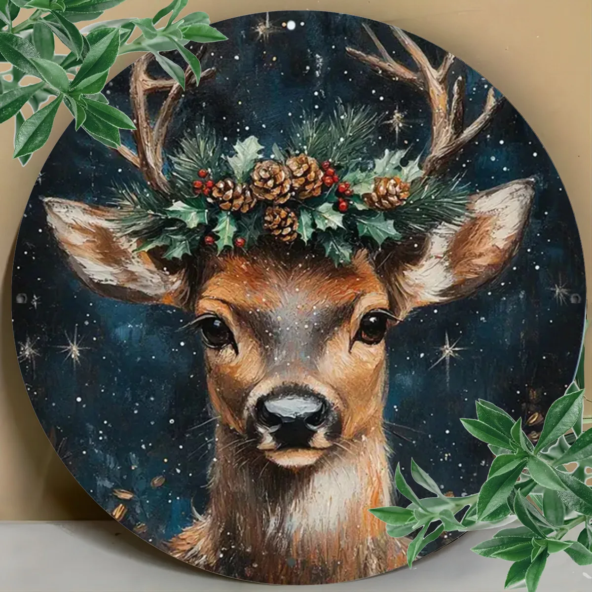 لوحة فنية جدارية معدنية لعيد الميلاد الرنة العتيقة - لافتة قصدير مستديرة مقاس 8 × 8 بوصة مع تصميم هولي وسماء مرصعة بالنجوم احتفالية، مثالية للحانات، Ca
