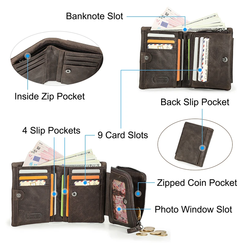 CONTACT\'S crazy horse genuine leather men\'s wallet vintage short wallets with coin pocket walet male small man\'s purse cuzdan