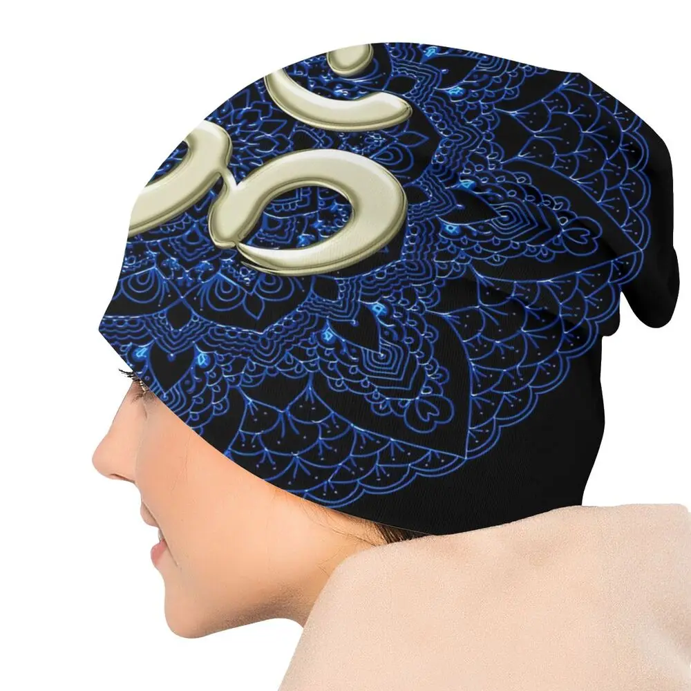 Buddhist God Belief Skullies Beanies Autumn Spring Hats OM With Blue Mandala Thin Bonnet Special Caps Men Women's Earmuffs image 6