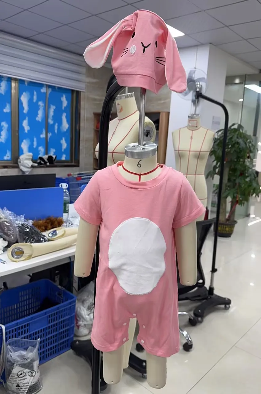 Baby Easter Outfits Plush Ball Design Crew Neck Short Sleeve Romper and Bunny Ear Hat 2 Pcs Set