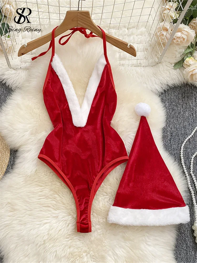 

Рождественский косплей, ночное белье, комбинезон с глубоким V-образным вырезом и открытой промежностью, боди, женские сексуальные искушения, бархатные комбинезоны с открытой спиной