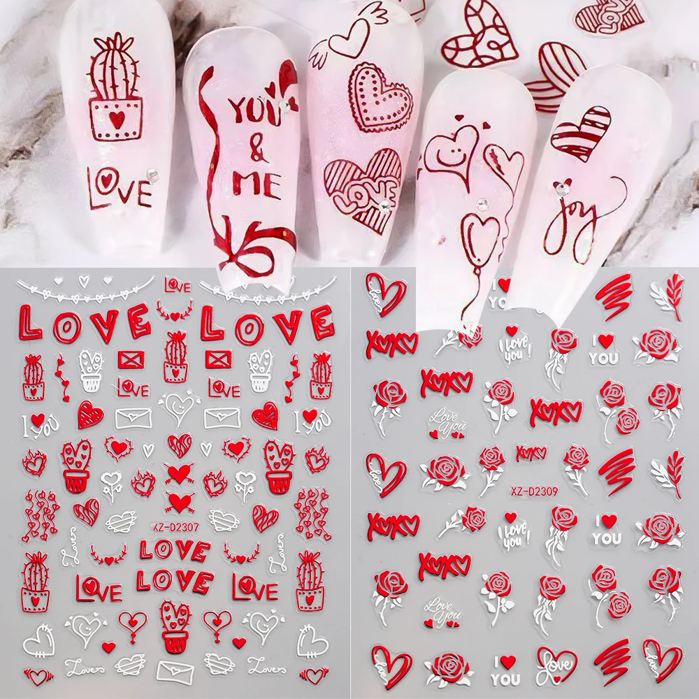 1Sheet 3D Red Heart Laser Nail Sticker Letter Flower Self-Adhesive Slider Valentine's Day Series Nail Decals Manicure Decoration