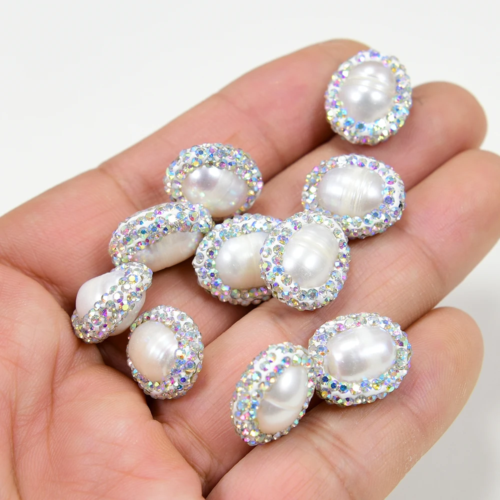 10 Pcs Natural Cultured White Egg Rice Pearl Trimmed With CZ Rhinestone Beads Spacer Jewelry Finding Accessories