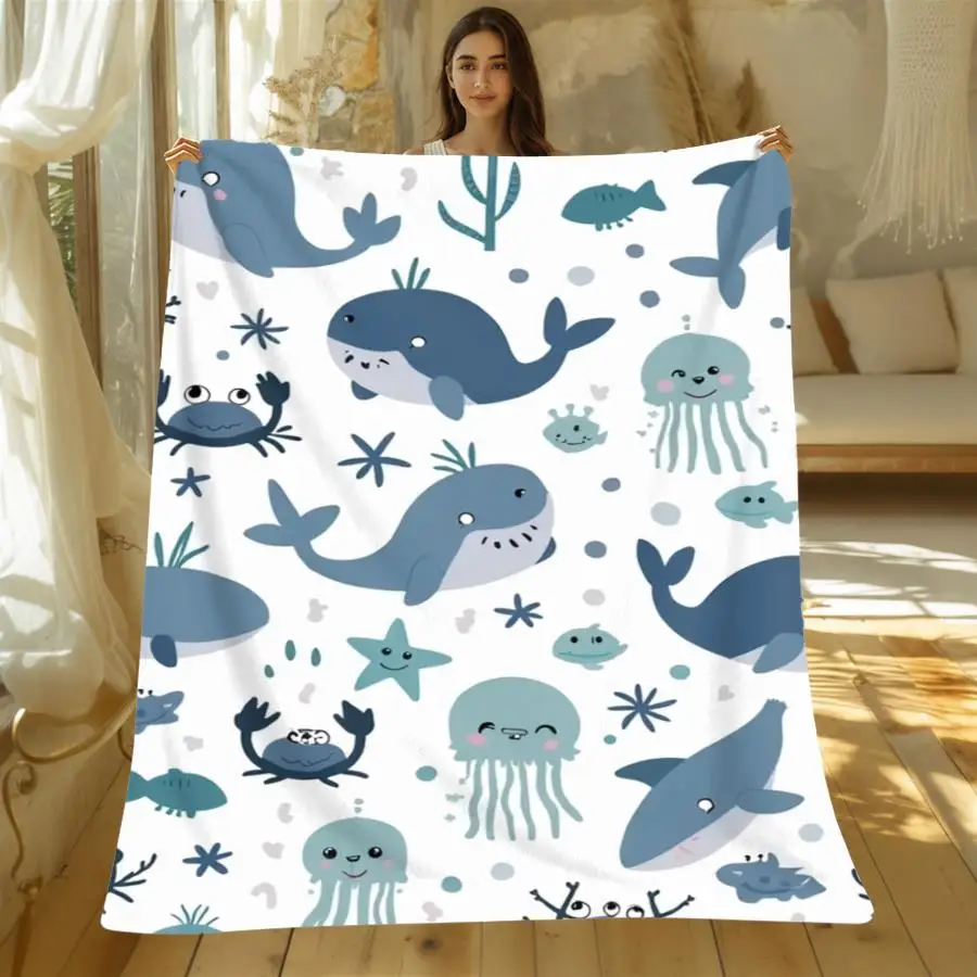 1pc Warm Premium Flannel Blanket with Playful Sea Creature Pattern, Soft 280GSM Decorative Throw for All Seasons, Perfect As Home Decoration And Holiday Gift Choice