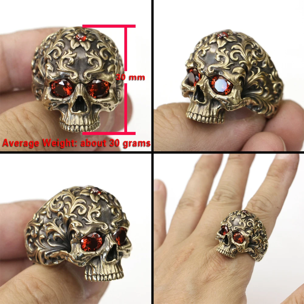 Red CZ Eyes Tang Dynasty Engraving Pattern Brass Skull Ring BR439 US Size 8~15