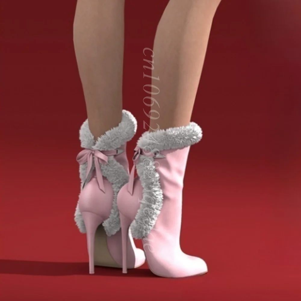 

Furry Pink Matte Leathers Ankle Boots Back Cross Tied Platform Shoes Fashion Thin High Heels Shoes 2025 Zapatos Para Mujere