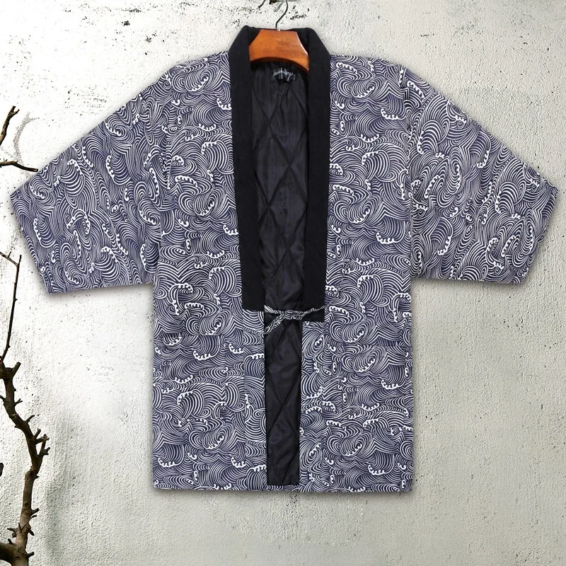 Hanten Jacket Men Padded Cotton Winter Japanese Vintage Kimono Cardigan Traditional Top Warmwear Asian Home Clothes Pajamas