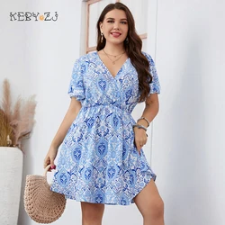 KEBY ZJ Plus Size Women Clothing Summer V-Neck Short Sleeve Retro Short Dress Elegant Blue Female Casual Large Size Print Dress