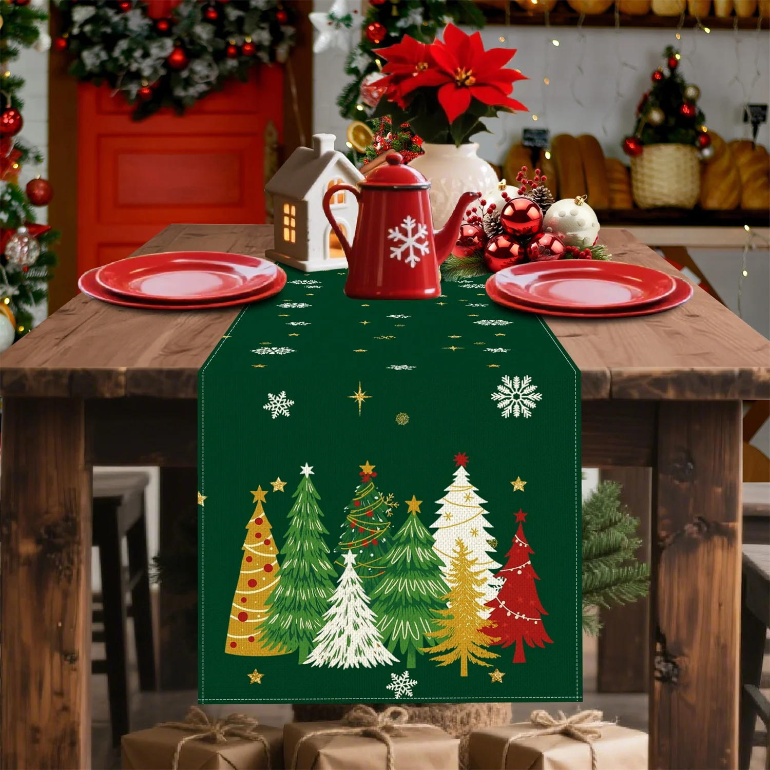 1pc Festive Christmas Table Runner with Golden Stars & Snowflakes - Green Polyester Holiday Decor for Indoor/Outdoor Dining