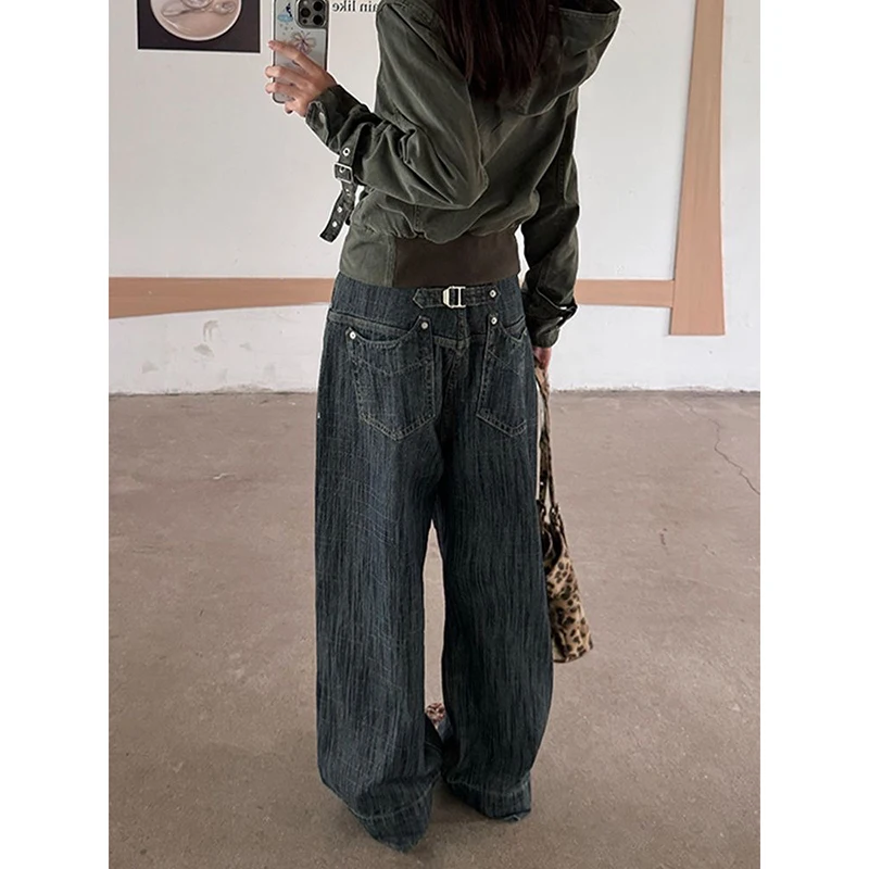 American Retro Blue Womens Jeans High Waist Design Hip Hop Straight Baggy Denim Pants Street Y2K American Style Wide Leg Denim