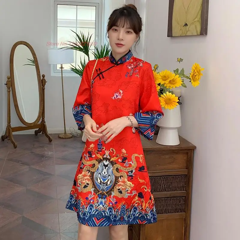 

2024 traditional chinese vintage dress improved cheongsam qipao national dragon print qipao oriental folk a-line dress qipao