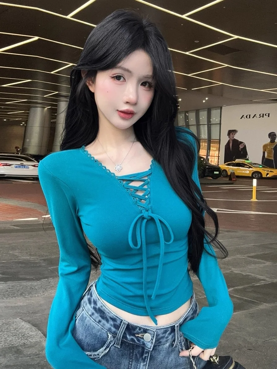 

Pure Desire Spicy Girl V-Neck Tie Long Sleeve T-Shirt Women's Autumn Winter Knitted Casual Slimming Base Shirt