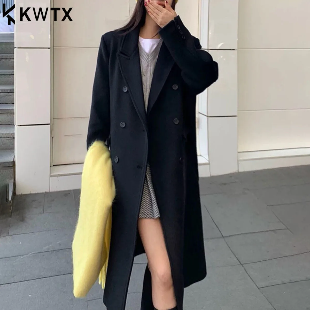 

KWTX Women's 100% Wool Double Breasted Lapel Collar Long Black Coat New 2025 Vintage Style Designer Elegant Casual Winter