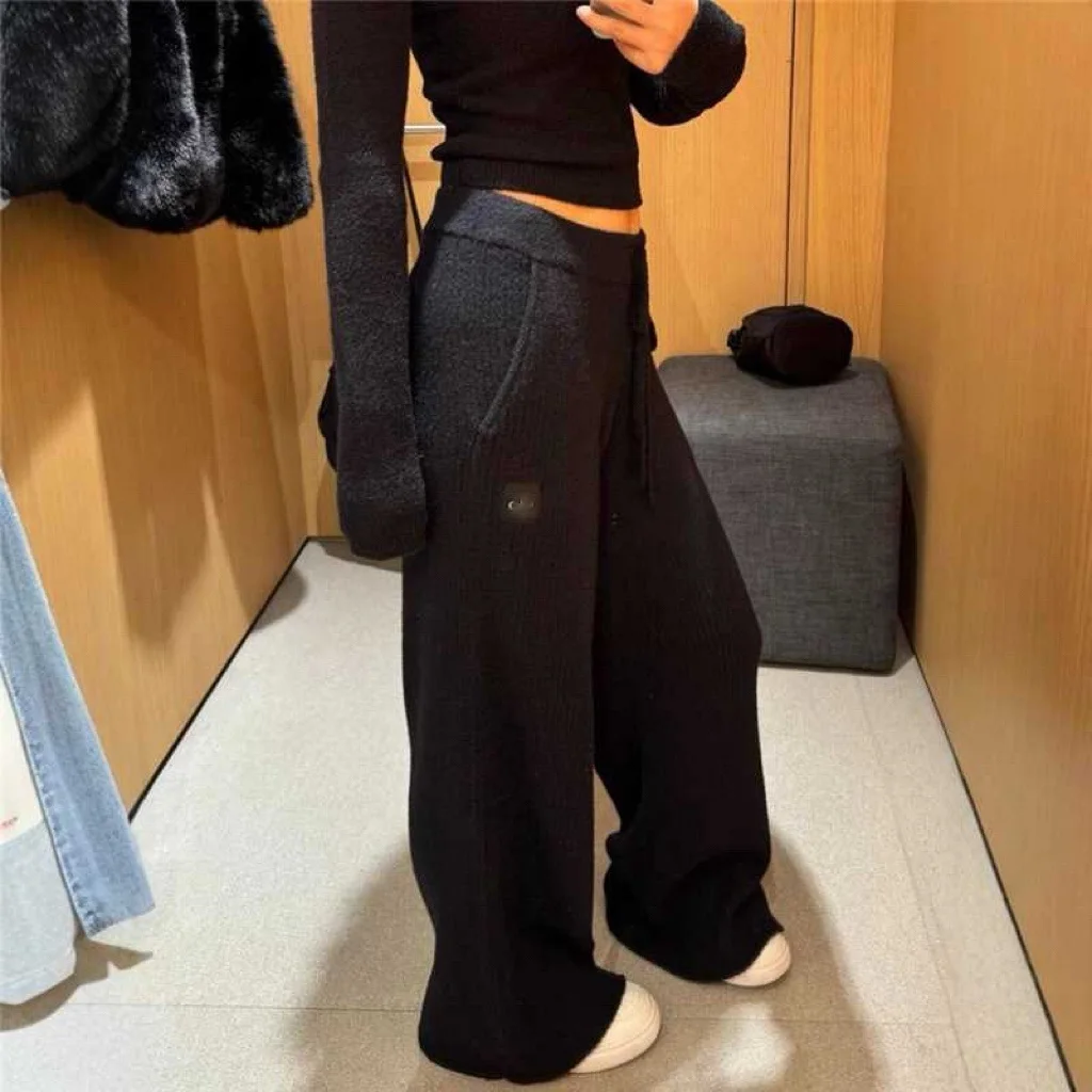 

IAMUBABA High Waist Knitted Wide Leg Pants Loose Fit Floor Length Slimming Trousers Autumn Winter Casual Faion Women's Jeans