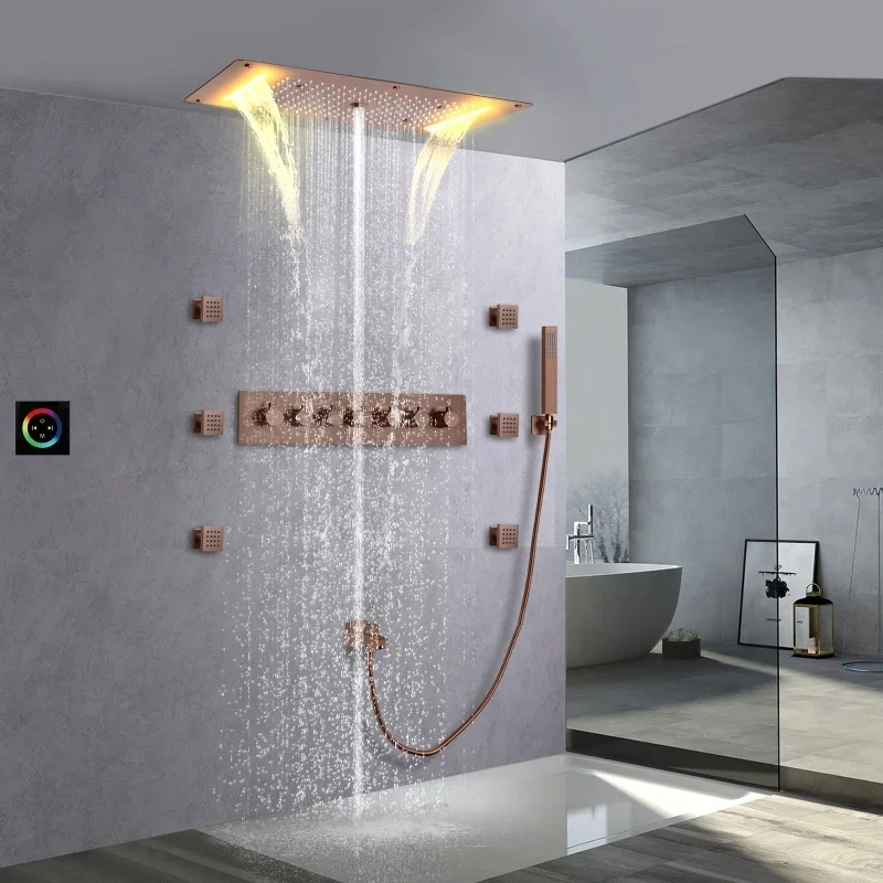 

Ceiling Rainfall LED Shower System Fixtures 380*700 Mm LED Rain Shower Head Bathroom Thermostatic Brown Shower Mixer Set