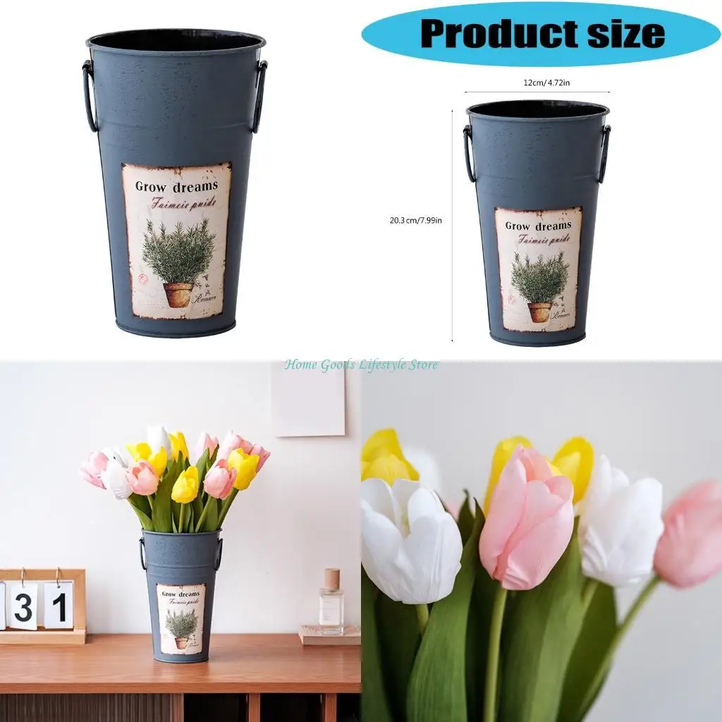 E74E Bauernhaus-Eimer für französische Blumen mit Blumenhalter aus Metall für Tischdekorationen zu Hause, Vasen aus