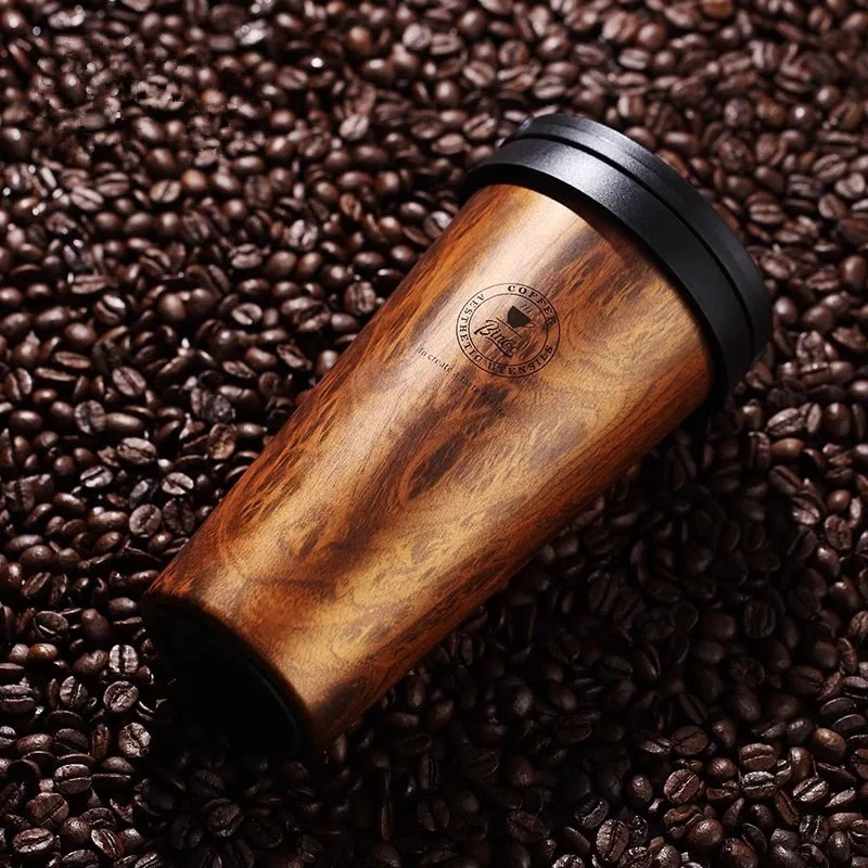 Wood Grain Coffee Mug Thermal Cup Stainless Steel Liner Vacuum Flask Leak-Proof Car Thermal Bottle Travel Tumbler