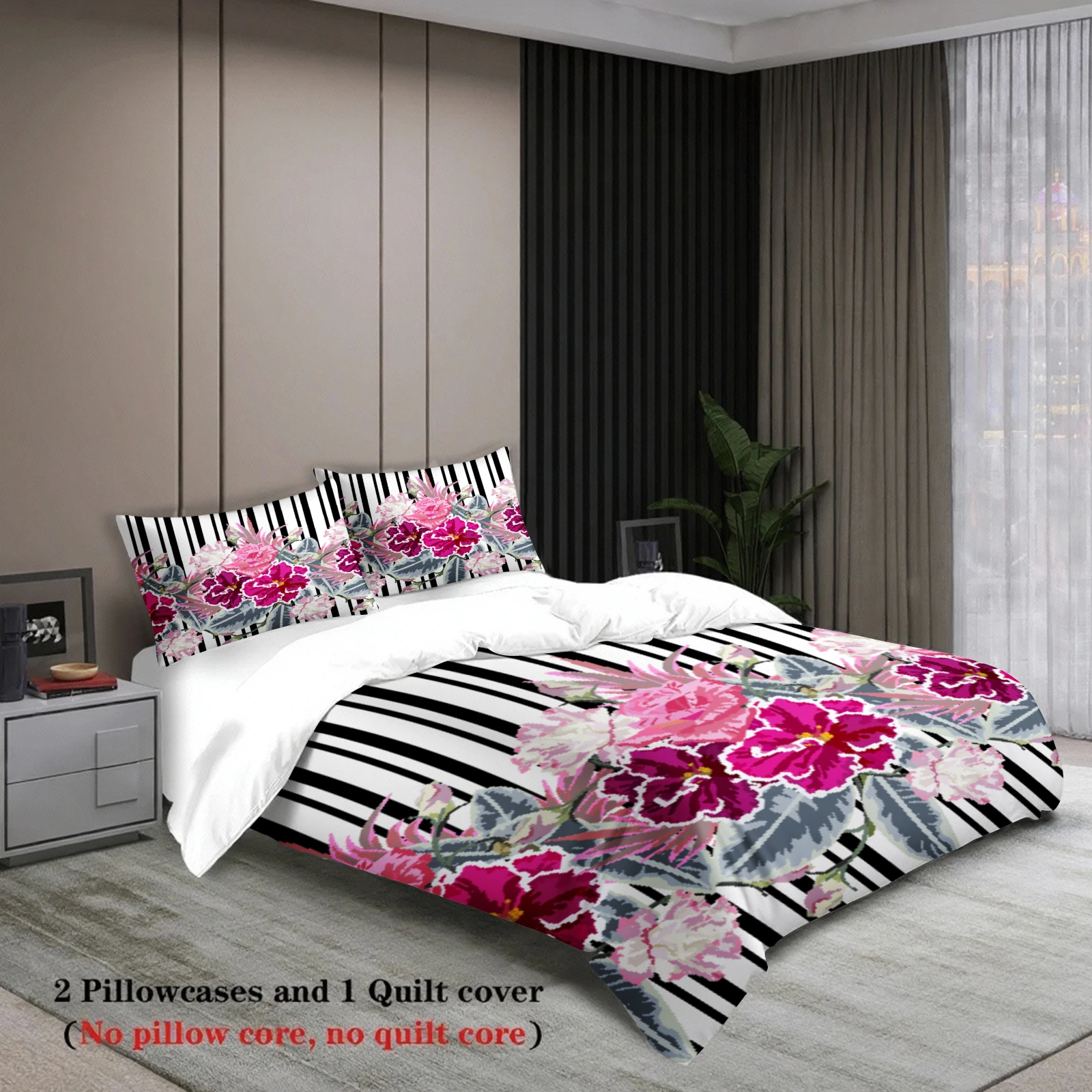 3pcs Floral Zebra Print Bedding Sets 3D Printed Duvet Cover Sets With Pillowcases No Filling