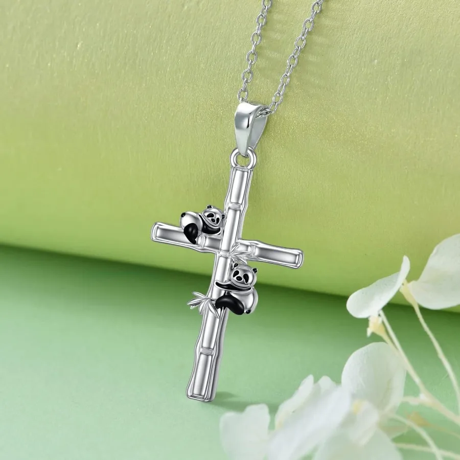 Fashion Panda Bamboo Cross Necklace for Women\'s Birthday Love Anniversary Christmas Jewelry Gift Animal pendants