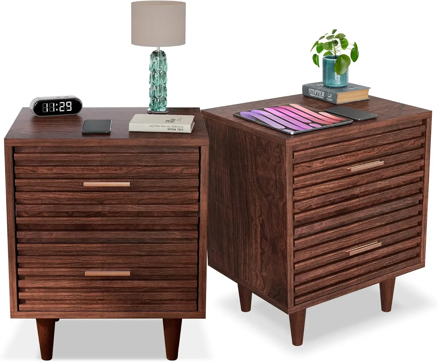 

Night Stands, Bedside Table, end Table with 2 Drawers, Mid Century Modern Side Tables Accent Side Tables with Solid Wood Legs