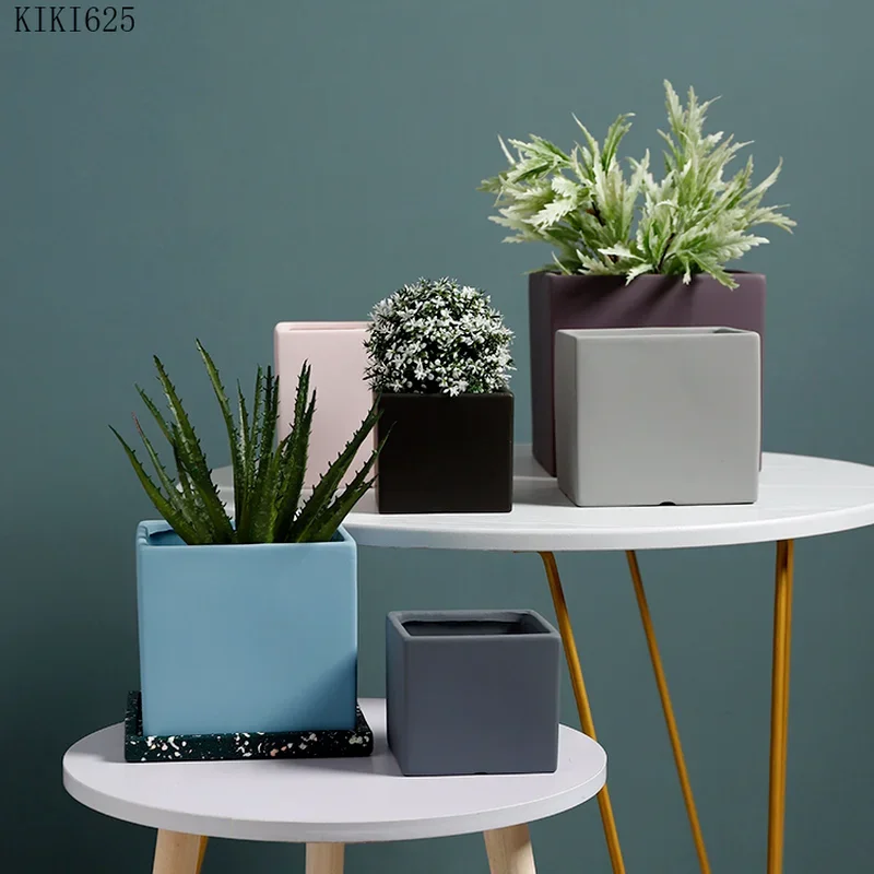 Nordic Color Square Ceramic Flowerpot Large Diameter Plant Potted Garden Decoration Living Room Countertop Flowerpot Decoration