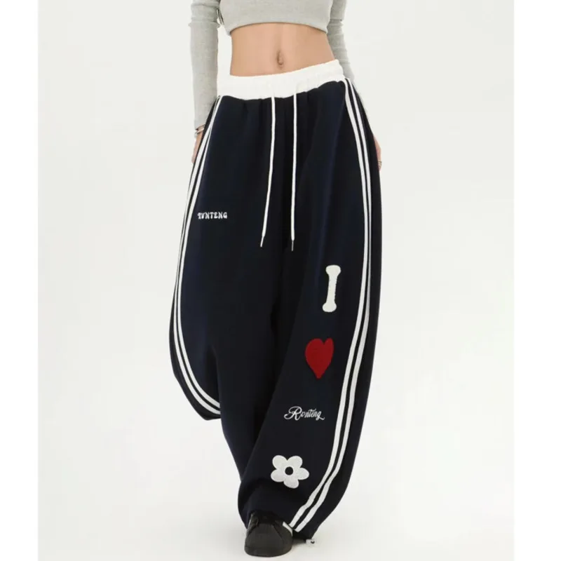 

Heart Letter Print Wide Leg Pants Women Comfort Y2K Blue Grey Loose Draped Slimming Personalized Casual Elasticity Sportswear