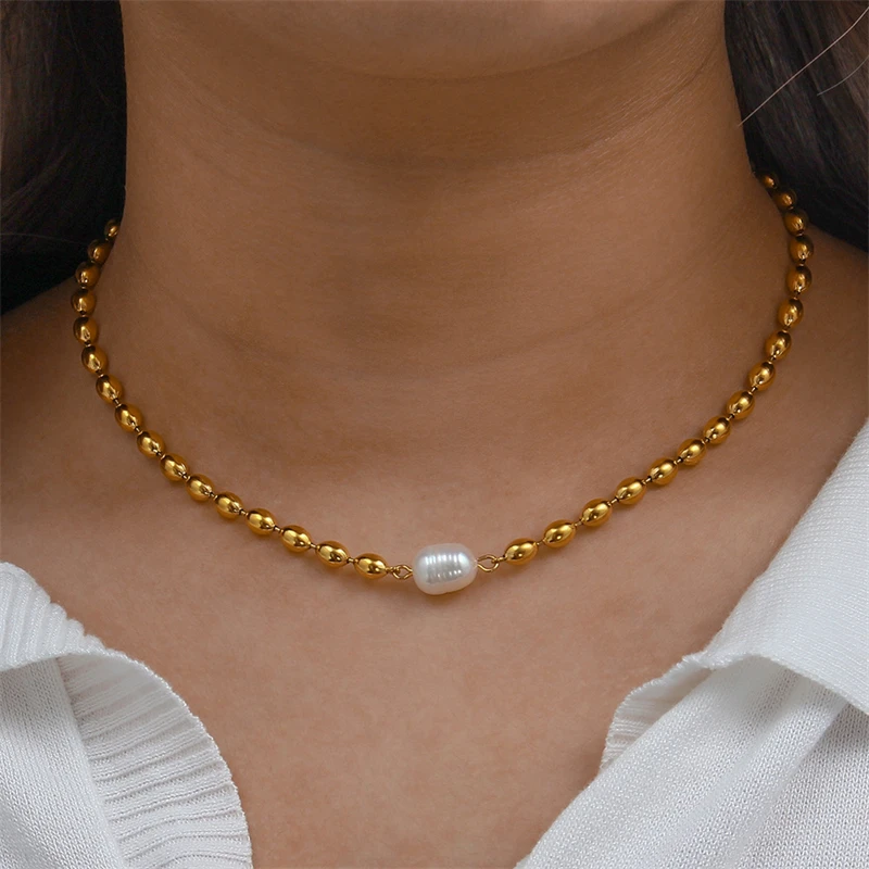 316L Stainless Steel New Fashion Fine Jewelry Minimalism Beaded Freshwater Pearl Charm Chain Choker Necklaces Bracelet For Women