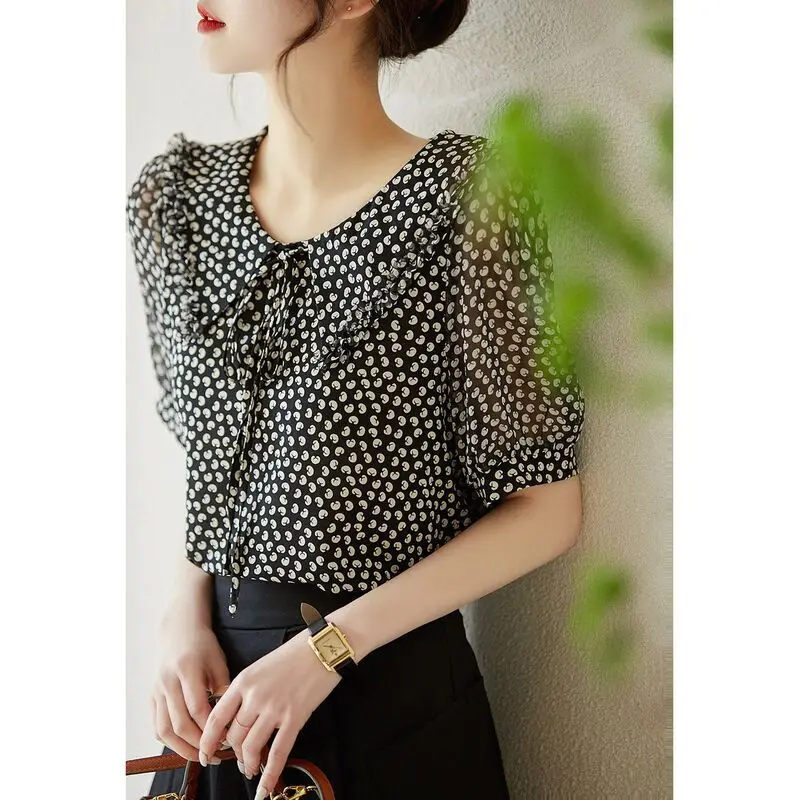 Fashion Peter Pan Collar Ruffles Lace Up Bow Printed Blouse Women\'s Clothing 2023 Summer New Casual Pullovers Short Sleeve Shirt