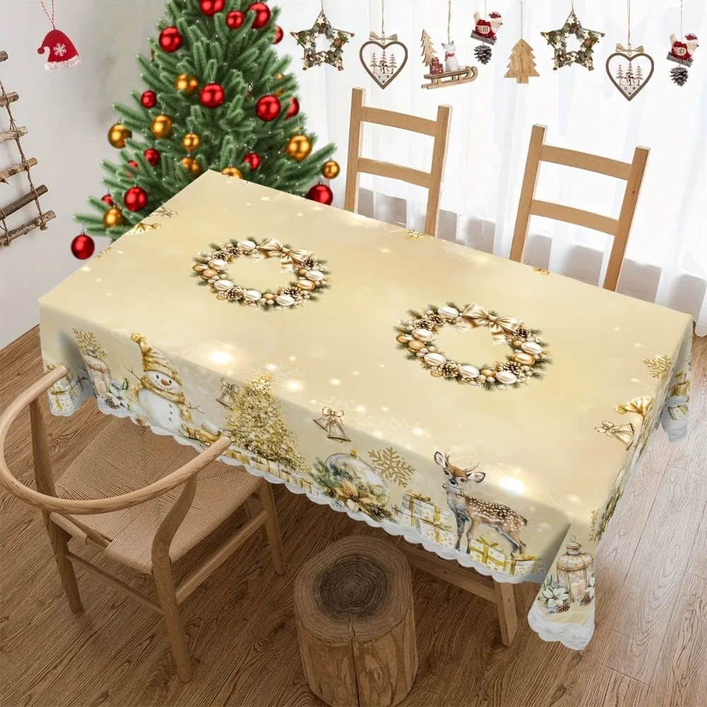 Round/Rectangular White Gold Christmas Tablecloth Non-slip Elk Wreath Design Snowman Table Cover Waterproof Stain Resistant