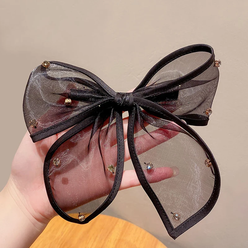 New Oversized Black Lace Cloth Bow Ribbon Hairpin For Women Girls Rhinestones Spring Hair Clip Headband Hair Jewelry Accessories