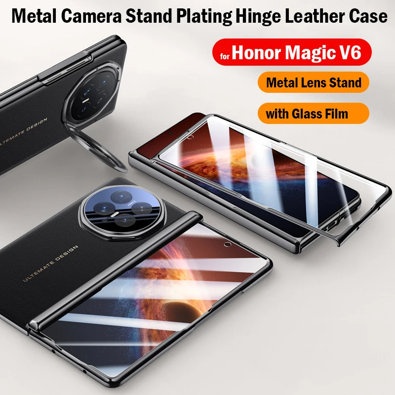 

Business Plating Leather Cover for Honor Magic V6 5G Hinge Case Metal Camera Stand Protective Phone Case with Front Glass Film