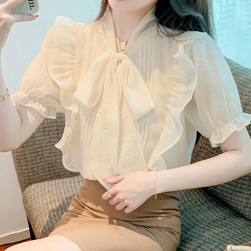 

Sweet Ruffles Thin Shirt Tops Bow Short Sleeve Chiffon Pleated Youth All-match Blouse Summer Fashion Temperament Women Clothing