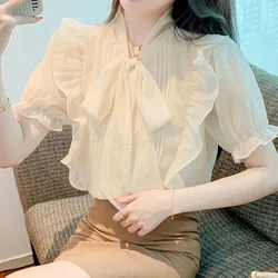 Sweet Ruffles Thin Shirt Tops Bow Short Sleeve Chiffon Pleated Youth All-match Blouse Summer Fashion Temperament Women Clothing