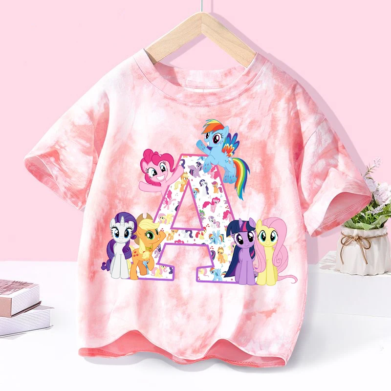 

Футболка My Littles Ponyi, летняя одежда для девочек, детские футболки с милым единорогом и буквами A-Z, топы с короткими рукавами для отдыха, подарок на день рождения для детей