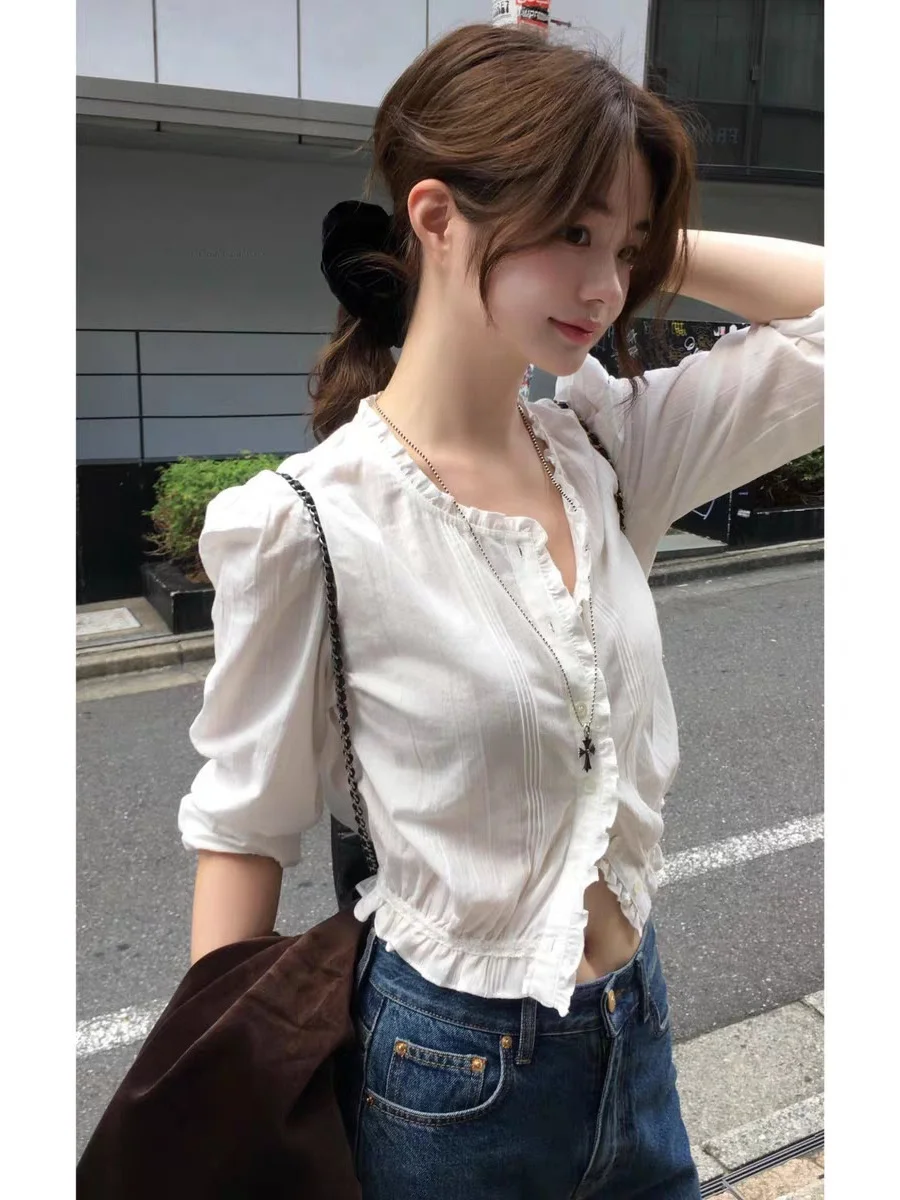 

French Sle ort Svel Women's irt Wooden Design Long Sve Cotton Thermal Breathable round Ne Button up Top