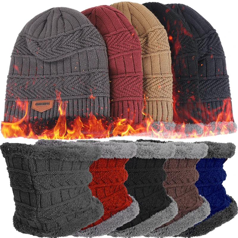 Men's Woman Velvet Winter Beanie Hats Thicken Warm Knitted Skullies Beanies Wool Neck Scarf Cap Outdoor Sports Fleece Scarf Hat