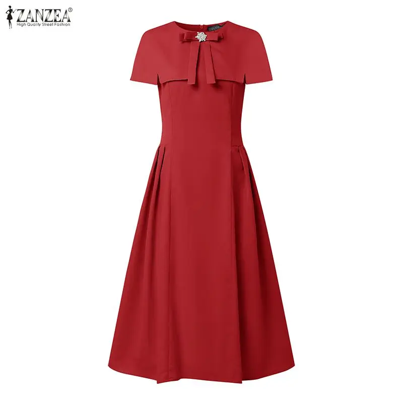 

Элегантное летнее платье ZANZEA 2026: женское офисное платье А-силуэта с бантом, миди, с круглым вырезом, коротким рукавом, плиссированное, для вечеринок и работы