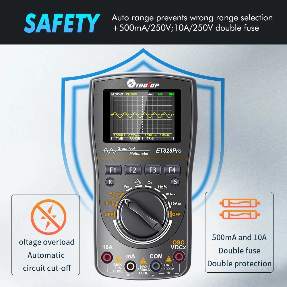 TOOLTOP ET828Pro 50Msp/s 10MHz Handheld Digital Oscilloscope True RMS for DIY Electrical Car Overhaul Oscilloscope Multimeter