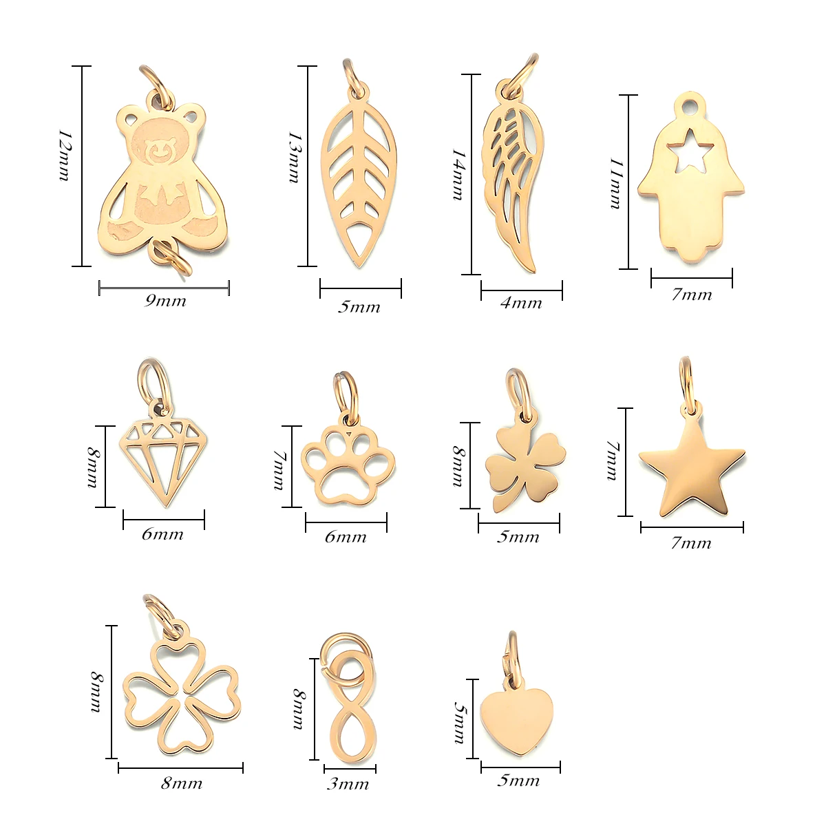 6 Stück/Set Edelstahl Spiegelpolierte Mini-Anhänger in Form von Herz, Stern, Flügel, Pfote, Hand und Blume für DIY-Schmuckherstellung Zubehör – Detail 1