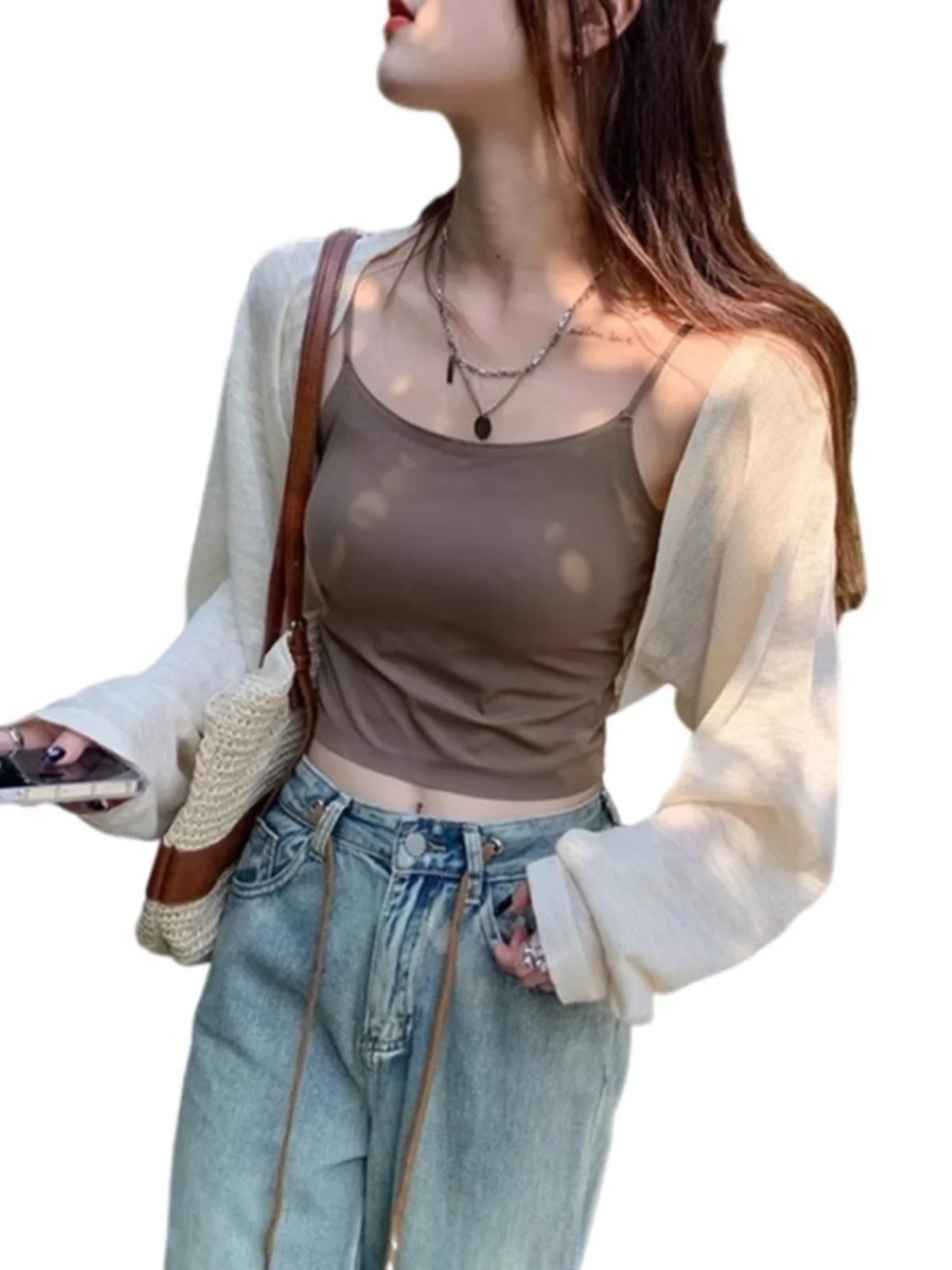 

Защита от солнца, вязаный открытый кардиган из ледяного шелка, женский летний новый кардиган с тонкими накладками, шило, верхняя одежда, одинаковые юбки