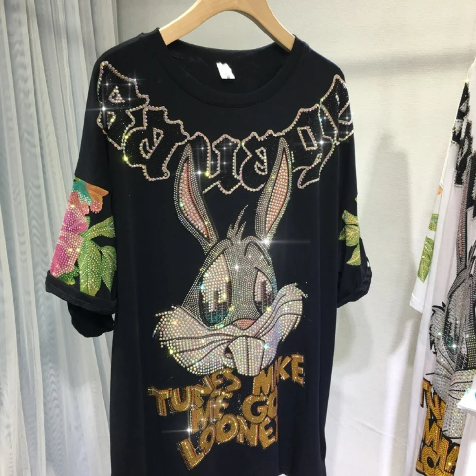 Luxury Rhinestone Rabbit T-shirts Plus Size for Women Summer Loose Fit Short Sleeve Women T-shirt Large Size Cute Grunge Clothe