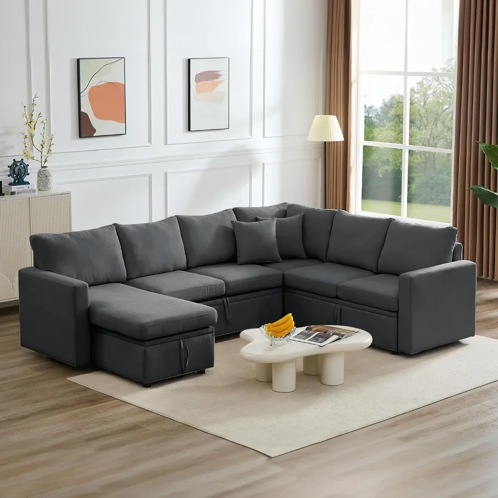 Segmented sofa bed with pull-out bed, U-shaped segmented sofa with storage lounge chair and 2 pillows, 2-in-1 oversized sofa bed