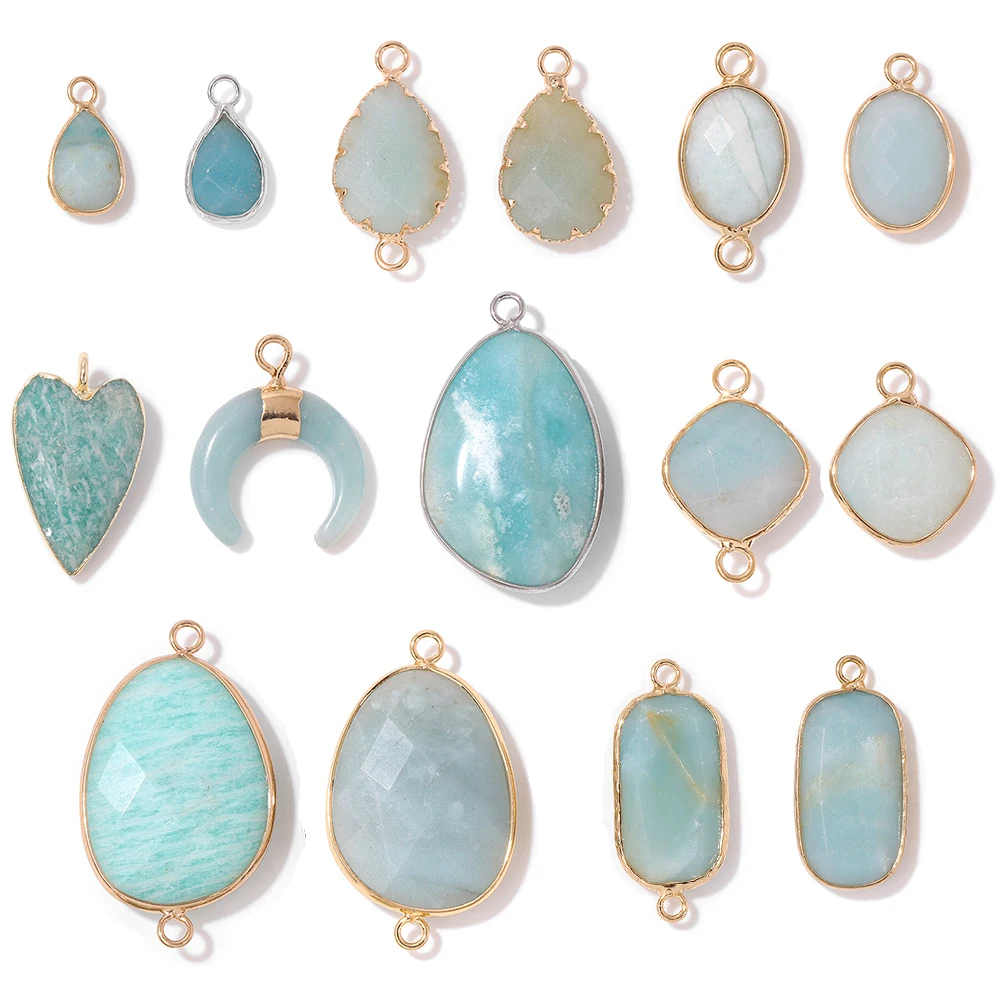 Natural Blue Amazonite Stone Charms Pendant Flat Round Heart Pendants Connector For Jewelry Making Necklace Earrings Accessories