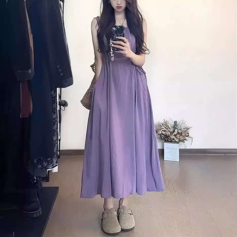 

Women‘s Camisole Dresses Sleeveless Off Shoulder Long Dress Lace Up Solid Color Loose Fashion Casual Vintage 2024 Summer ﻿