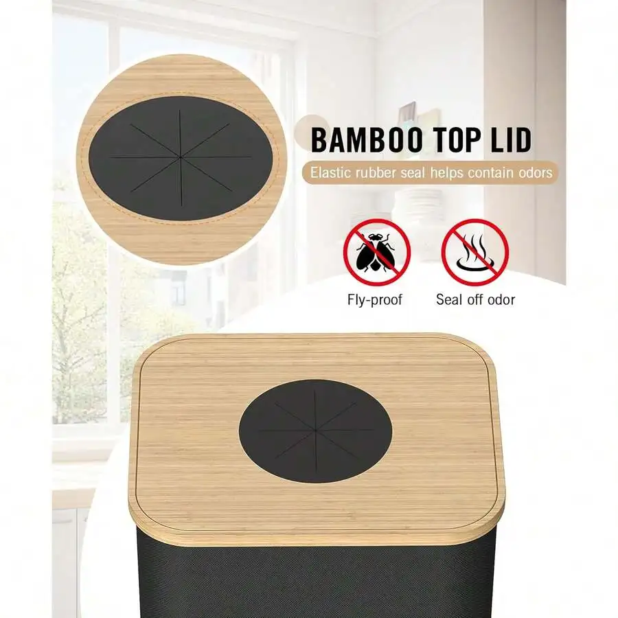 

26 Gallon Bamboo Top Lid Recycling Bin With Removable Inner Bags For Kitchen