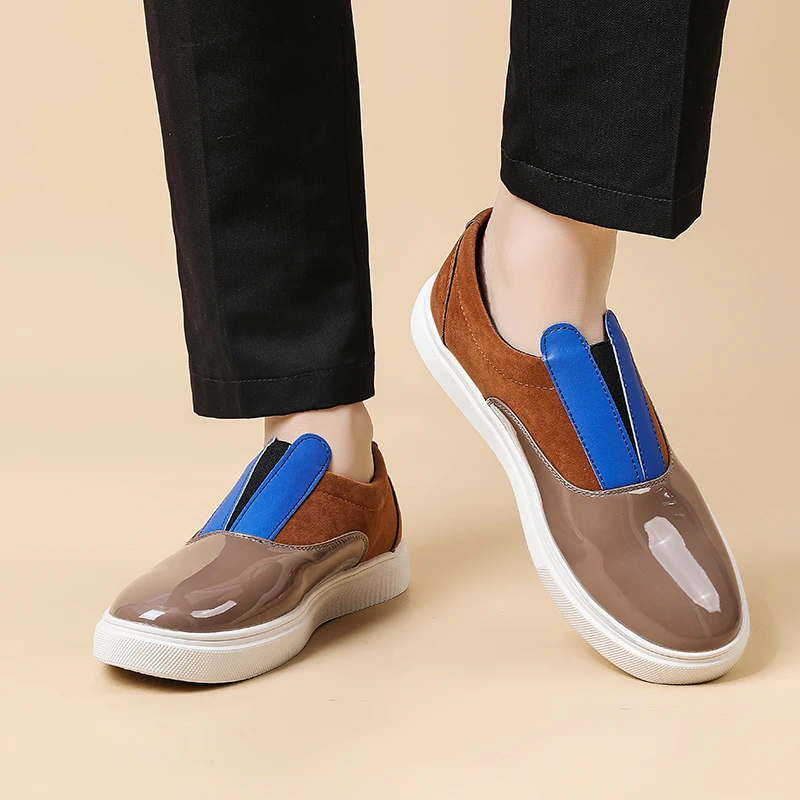 Men's Color Block Slip On Loafers Mixed Patent Leather Casual Walking Shoes Fashion Platform Daily Business Sneakers